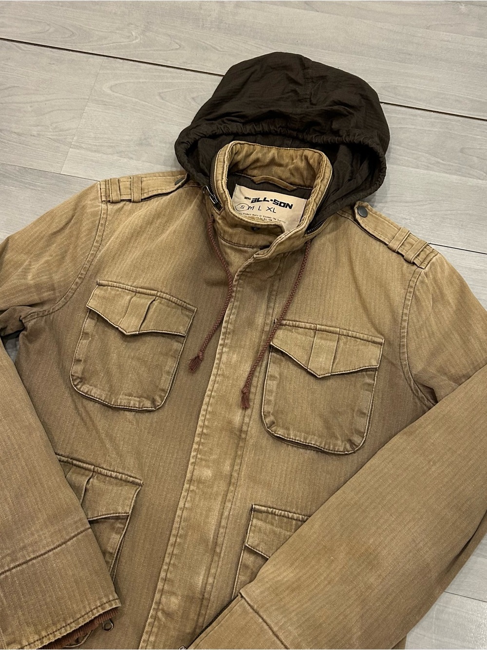 All-Son Men’s Canvas Field Jacket Size S Tan Brown Hooded Utility Military Style